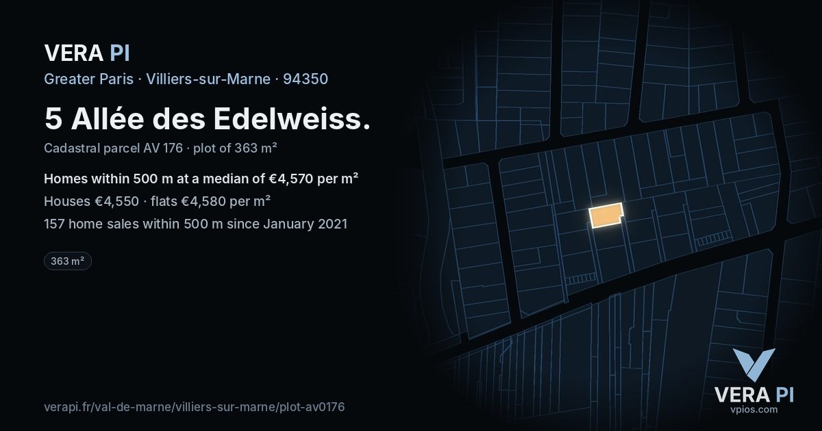5 Allée des Edelweiss, Villiers-sur-Marne at night – the plot lit, the parcels around coloured by the prices near them