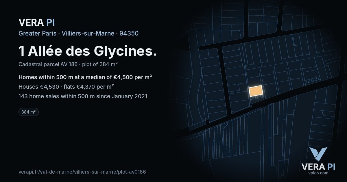 1 Allée des Glycines, Villiers-sur-Marne at night – the plot lit, the parcels around coloured by the prices near them