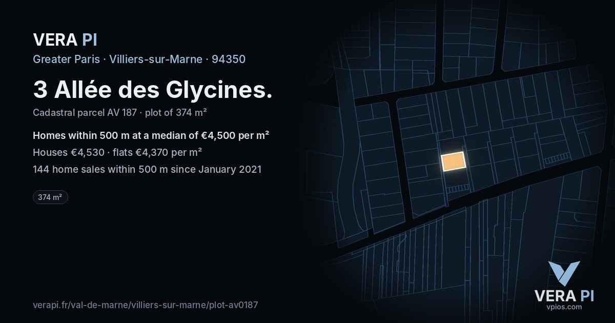 3 Allée des Glycines, Villiers-sur-Marne at night – the plot lit, the parcels around coloured by the prices near them