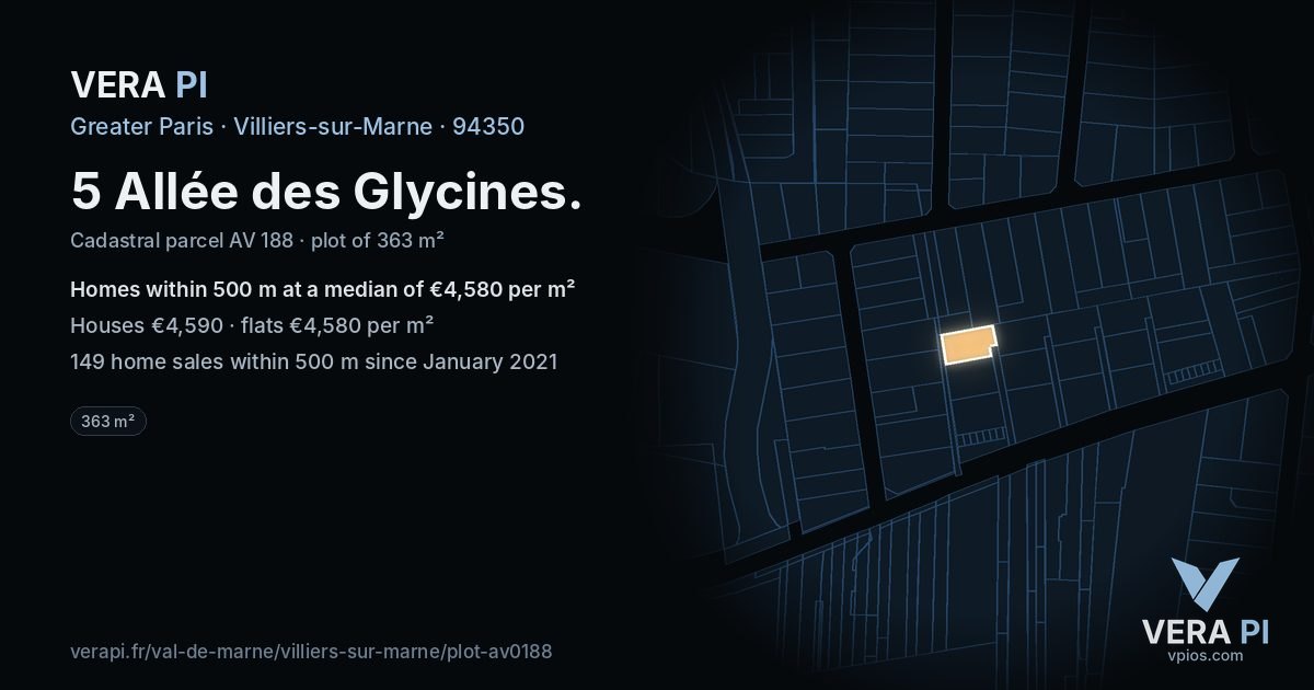 5 Allée des Glycines, Villiers-sur-Marne at night – the plot lit, the parcels around coloured by the prices near them