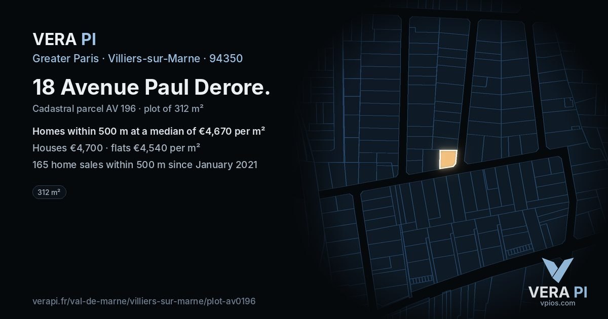 18 Avenue Paul Derore, Villiers-sur-Marne at night – the plot lit, the parcels around coloured by the prices near them