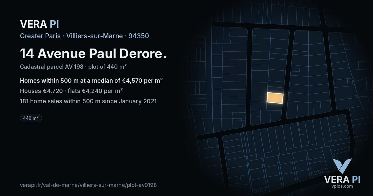 14 Avenue Paul Derore, Villiers-sur-Marne at night – the plot lit, the parcels around coloured by the prices near them