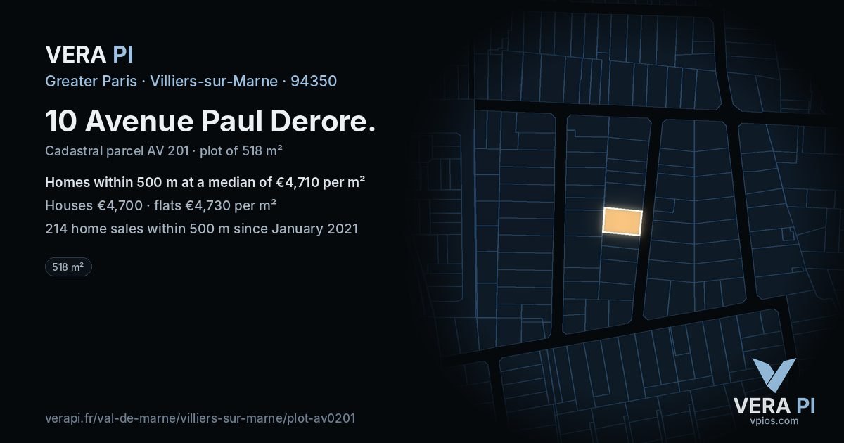 10 Avenue Paul Derore, Villiers-sur-Marne at night – the plot lit, the parcels around coloured by the prices near them