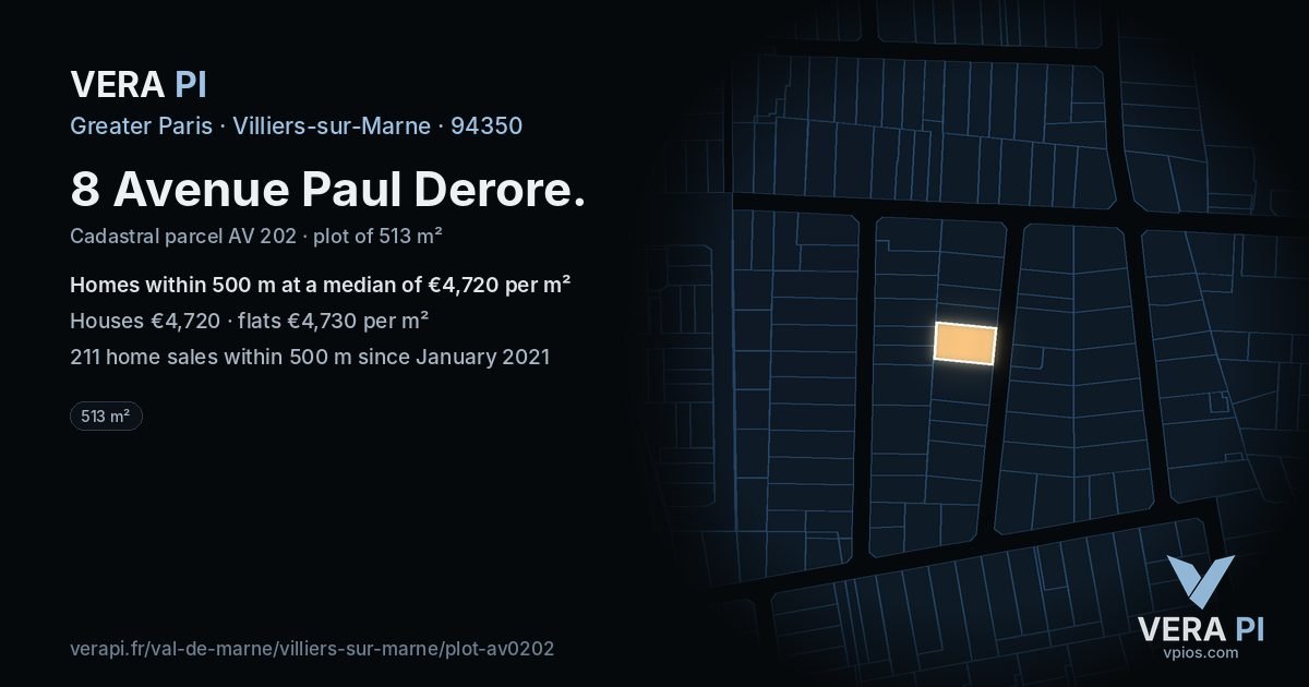 8 Avenue Paul Derore, Villiers-sur-Marne at night – the plot lit, the parcels around coloured by the prices near them