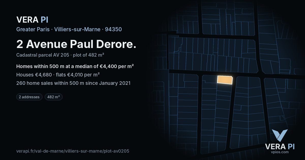 2 Avenue Paul Derore, Villiers-sur-Marne at night – the plot lit, the parcels around coloured by the prices near them