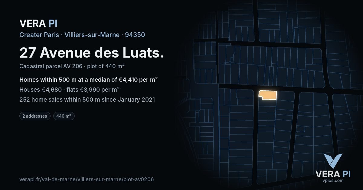 27 Avenue des Luats, Villiers-sur-Marne at night – the plot lit, the parcels around coloured by the prices near them