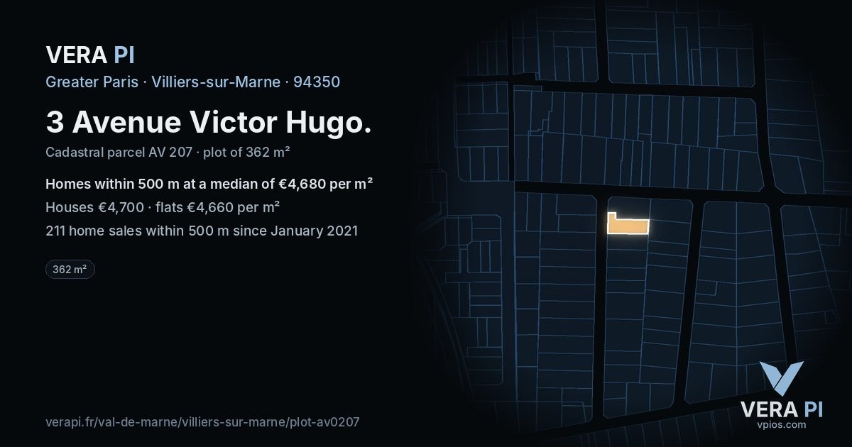 3 Avenue Victor Hugo, Villiers-sur-Marne at night – the plot lit, the parcels around coloured by the prices near them