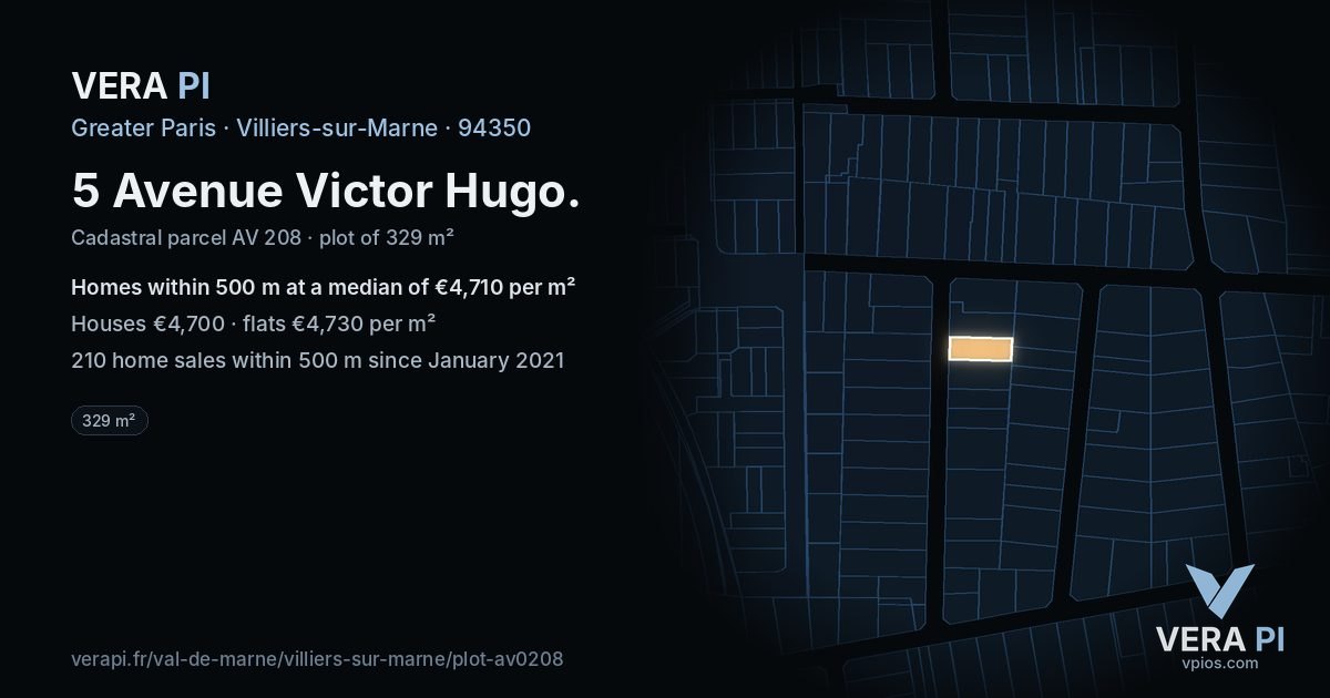 5 Avenue Victor Hugo, Villiers-sur-Marne at night – the plot lit, the parcels around coloured by the prices near them
