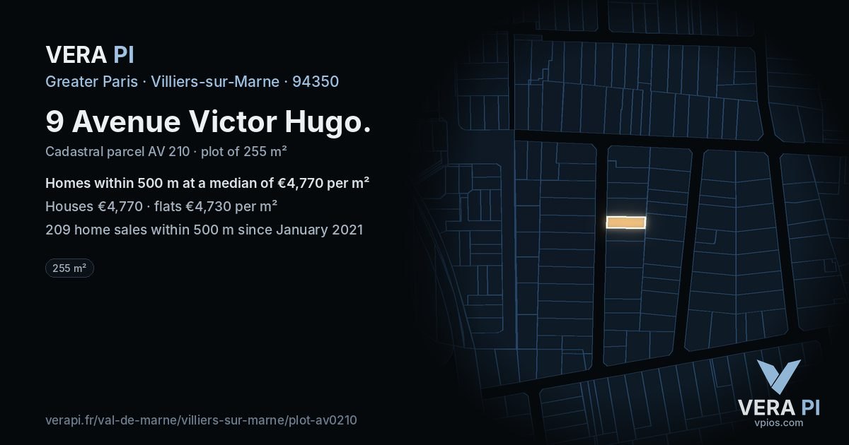 9 Avenue Victor Hugo, Villiers-sur-Marne at night – the plot lit, the parcels around coloured by the prices near them