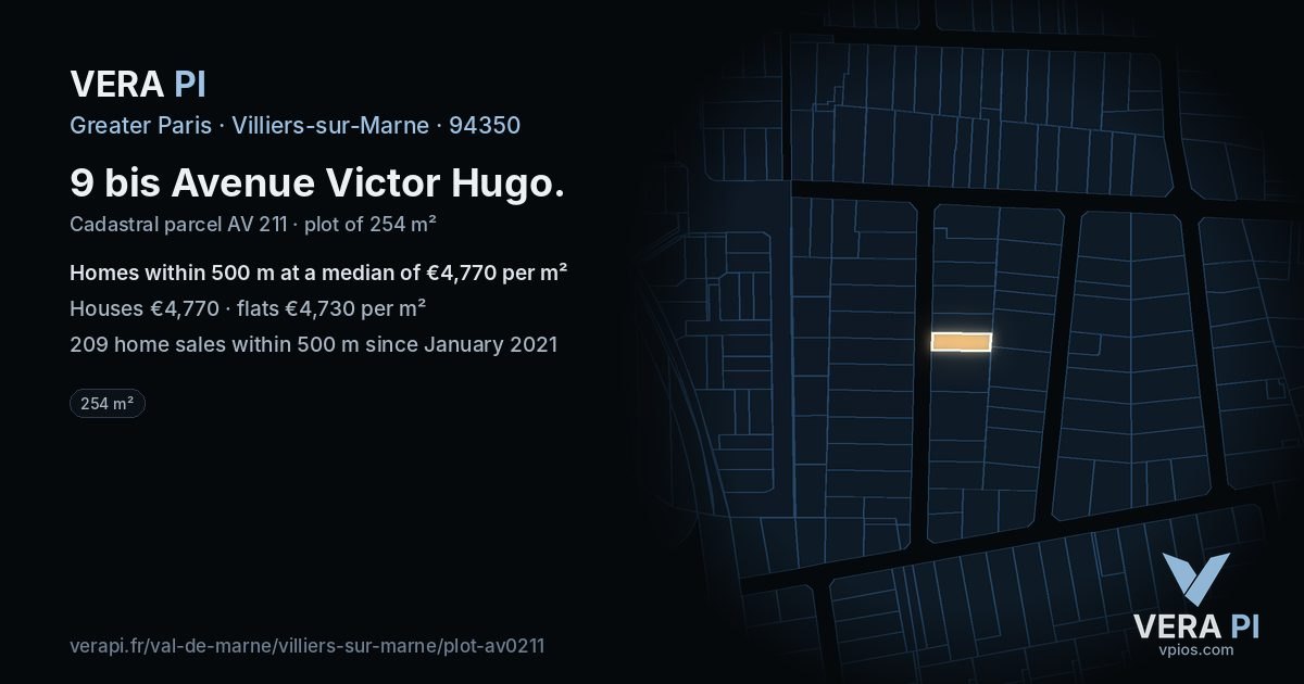9 bis Avenue Victor Hugo, Villiers-sur-Marne at night – the plot lit, the parcels around coloured by the prices near them