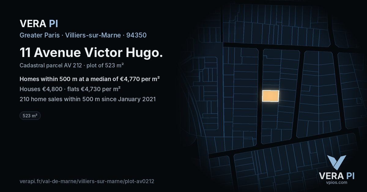 11 Avenue Victor Hugo, Villiers-sur-Marne at night – the plot lit, the parcels around coloured by the prices near them
