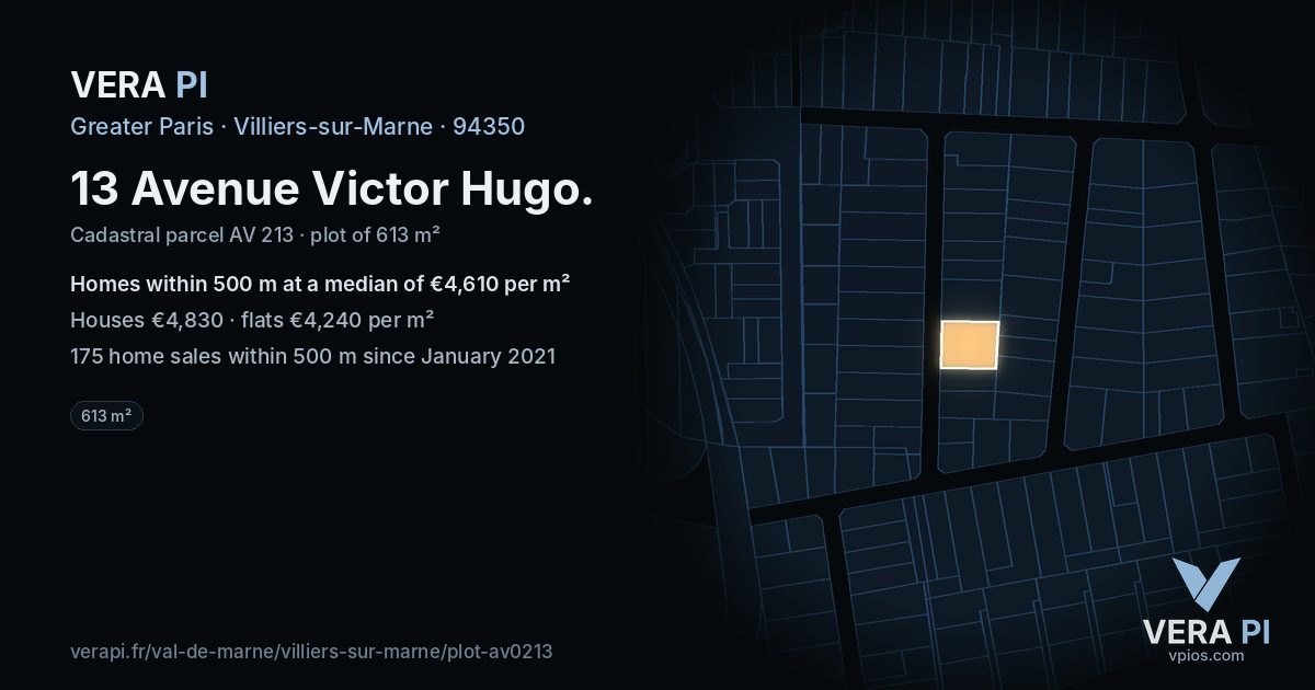 13 Avenue Victor Hugo, Villiers-sur-Marne at night – the plot lit, the parcels around coloured by the prices near them