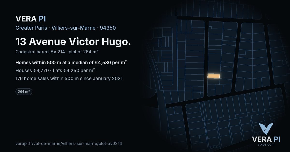 13 Avenue Victor Hugo, Villiers-sur-Marne at night – the plot lit, the parcels around coloured by the prices near them
