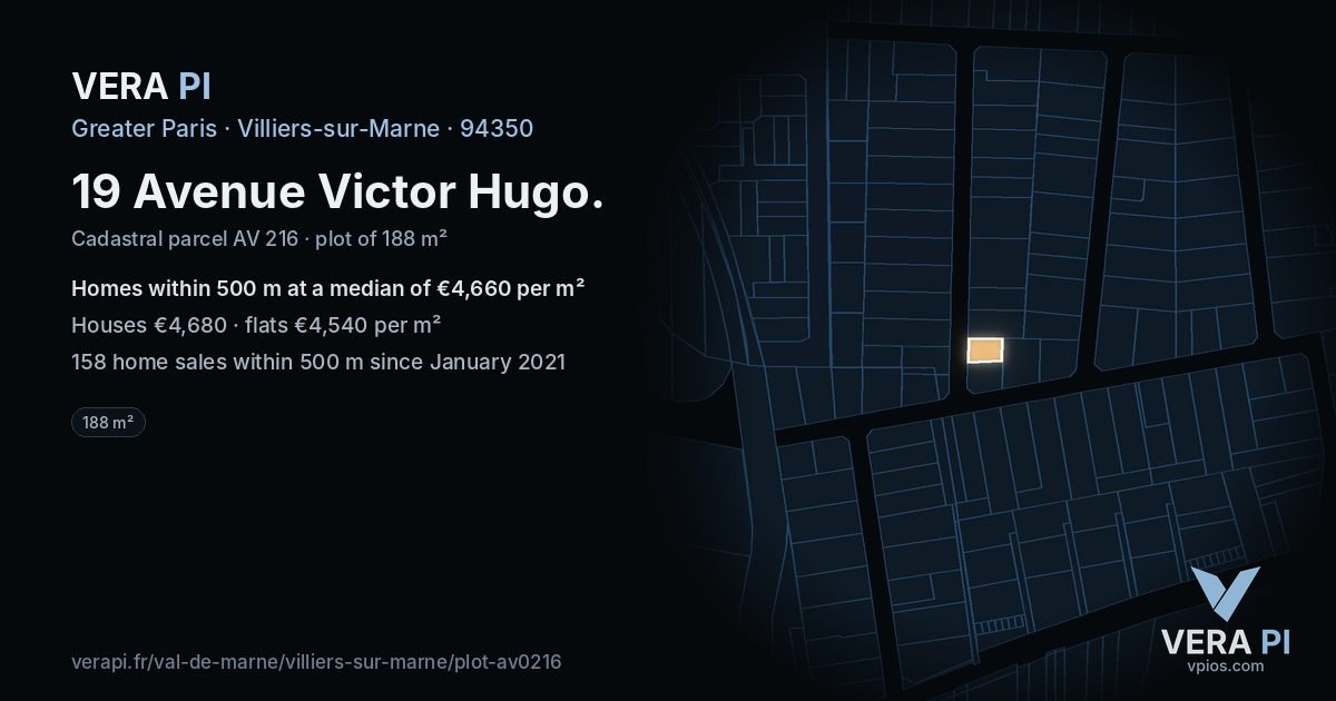 19 Avenue Victor Hugo, Villiers-sur-Marne at night – the plot lit, the parcels around coloured by the prices near them