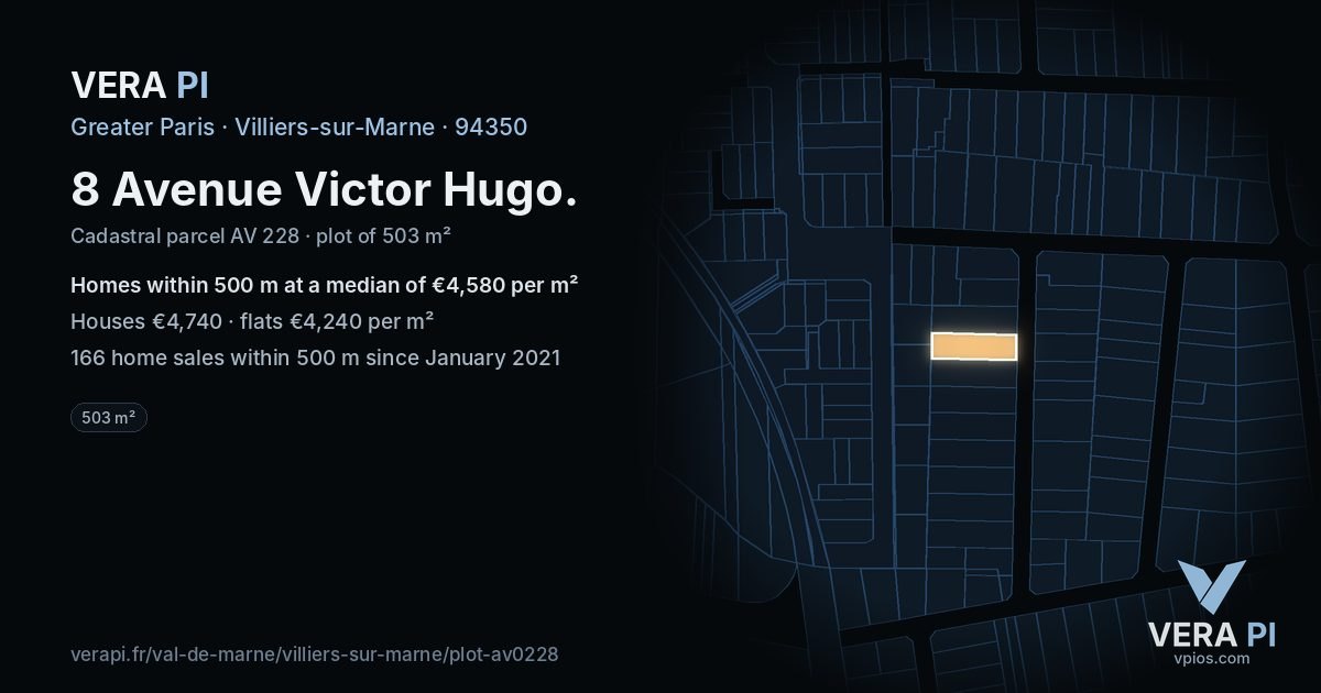 8 Avenue Victor Hugo, Villiers-sur-Marne at night – the plot lit, the parcels around coloured by the prices near them