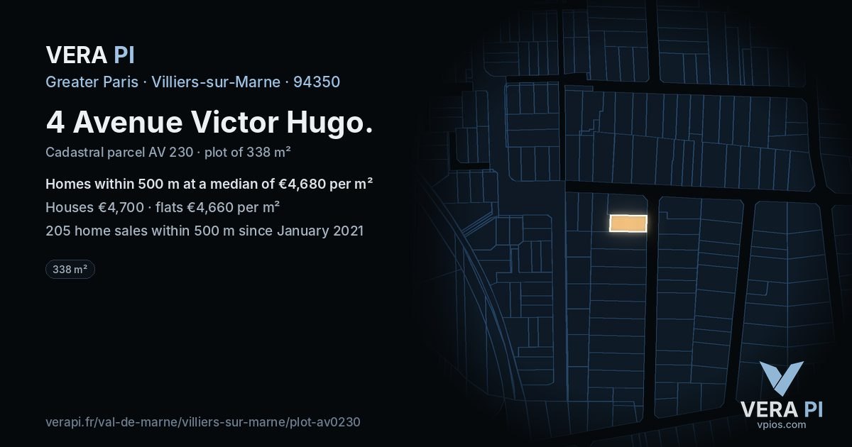 4 Avenue Victor Hugo, Villiers-sur-Marne at night – the plot lit, the parcels around coloured by the prices near them