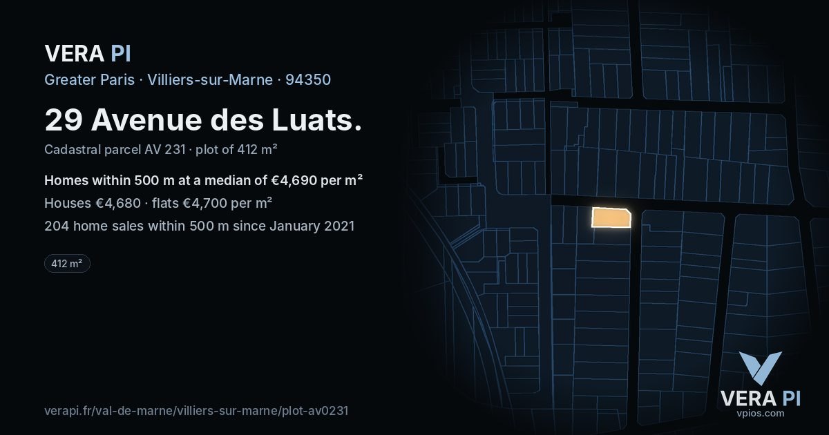 29 Avenue des Luats, Villiers-sur-Marne at night – the plot lit, the parcels around coloured by the prices near them