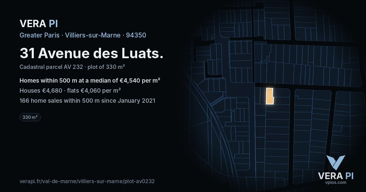 31 Avenue des Luats, Villiers-sur-Marne at night – the plot lit, the parcels around coloured by the prices near them