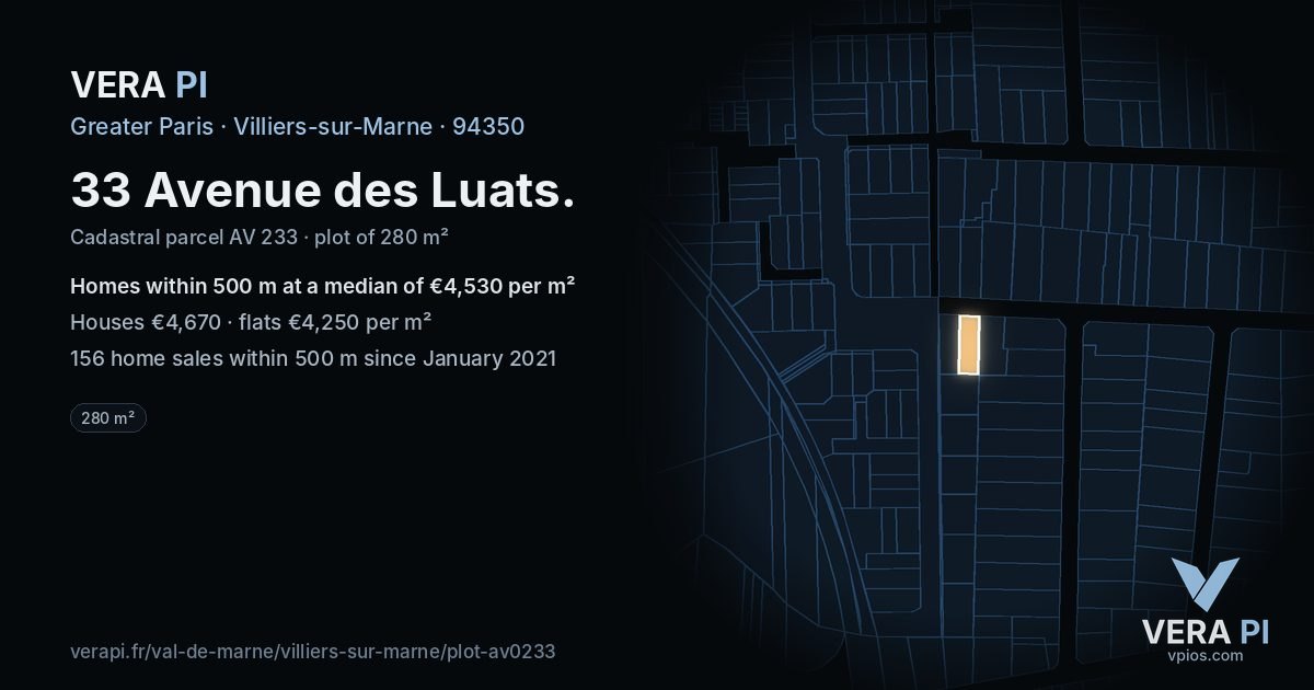 33 Avenue des Luats, Villiers-sur-Marne at night – the plot lit, the parcels around coloured by the prices near them