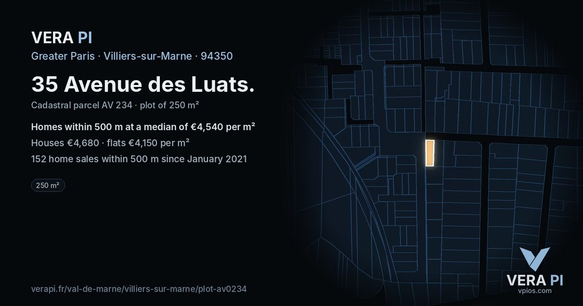 35 Avenue des Luats, Villiers-sur-Marne at night – the plot lit, the parcels around coloured by the prices near them