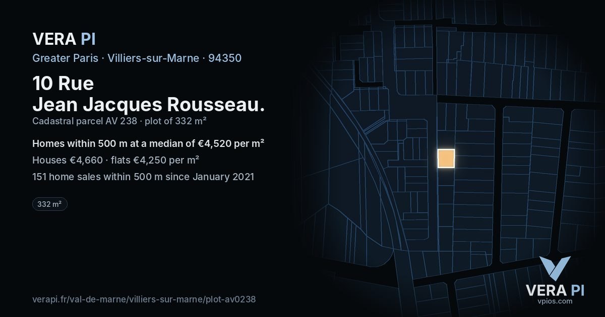 10 Rue Jean Jacques Rousseau, Villiers-sur-Marne at night – the plot lit, the parcels around coloured by the prices near them