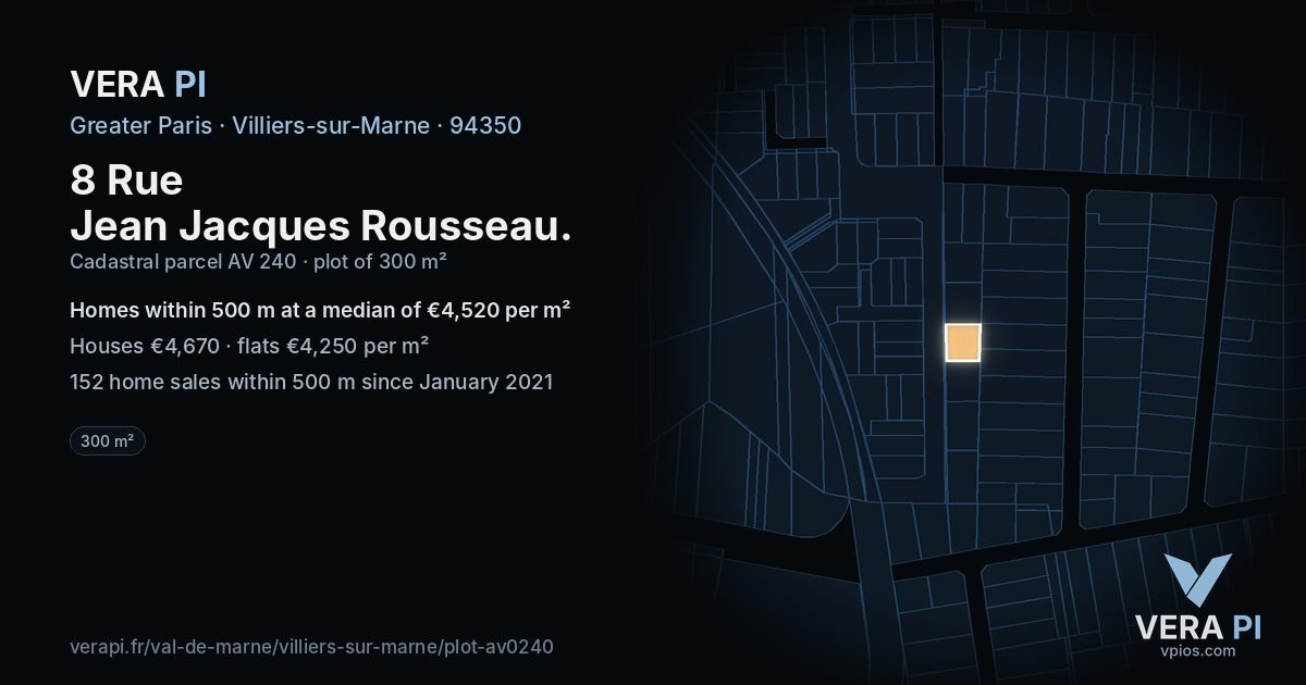 8 Rue Jean Jacques Rousseau, Villiers-sur-Marne at night – the plot lit, the parcels around coloured by the prices near them