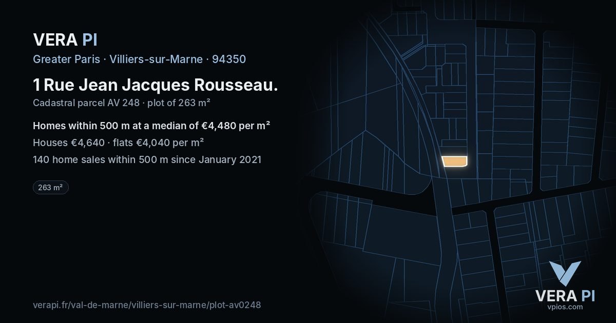 1 Rue Jean Jacques Rousseau, Villiers-sur-Marne at night – the plot lit, the parcels around coloured by the prices near them