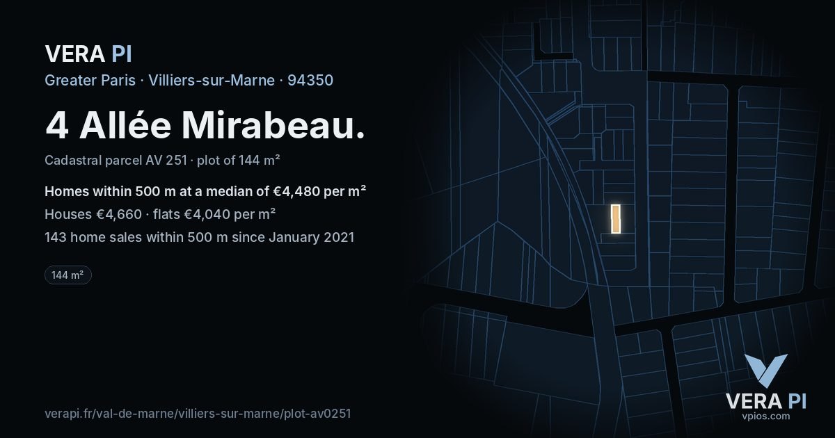 4 Allée Mirabeau, Villiers-sur-Marne at night – the plot lit, the parcels around coloured by the prices near them