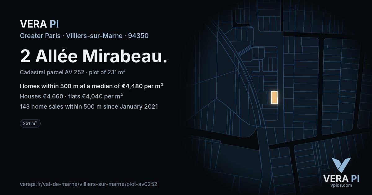 2 Allée Mirabeau, Villiers-sur-Marne at night – the plot lit, the parcels around coloured by the prices near them
