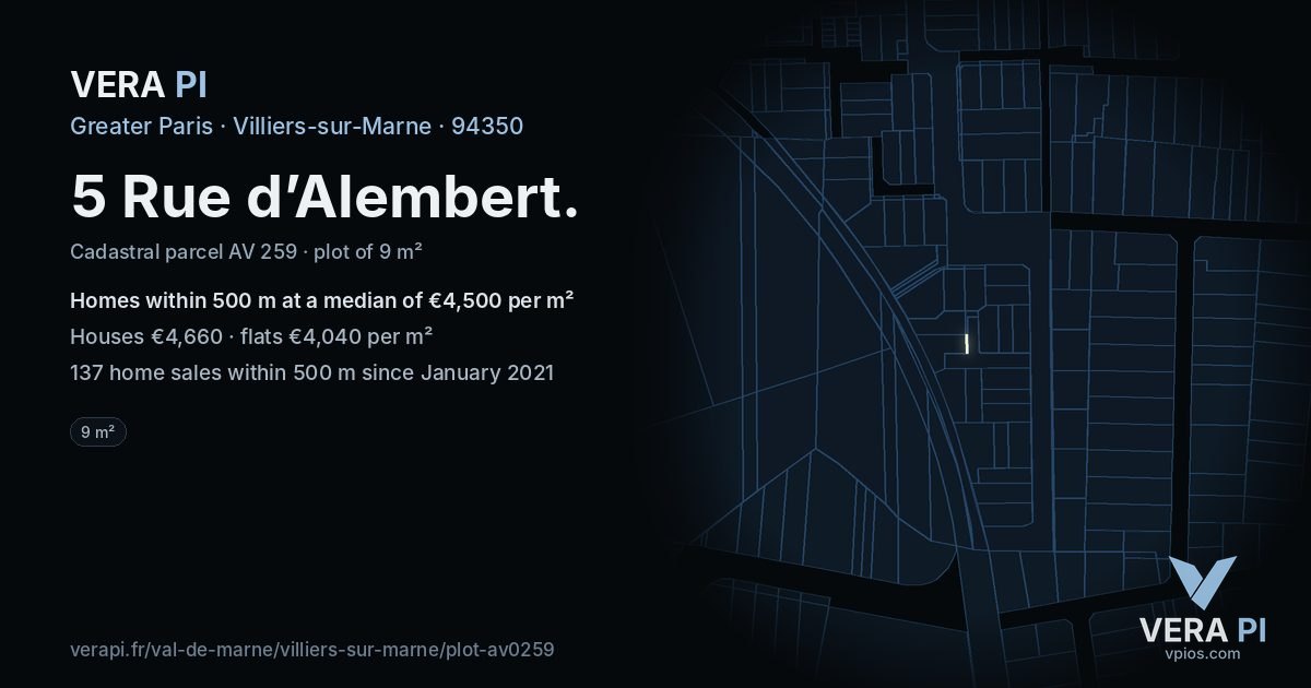 5 Rue d’Alembert, Villiers-sur-Marne at night – the plot lit, the parcels around coloured by the prices near them