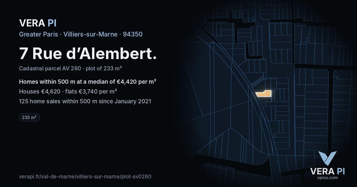 7 Rue d’Alembert, Villiers-sur-Marne at night – the plot lit, the parcels around coloured by the prices near them