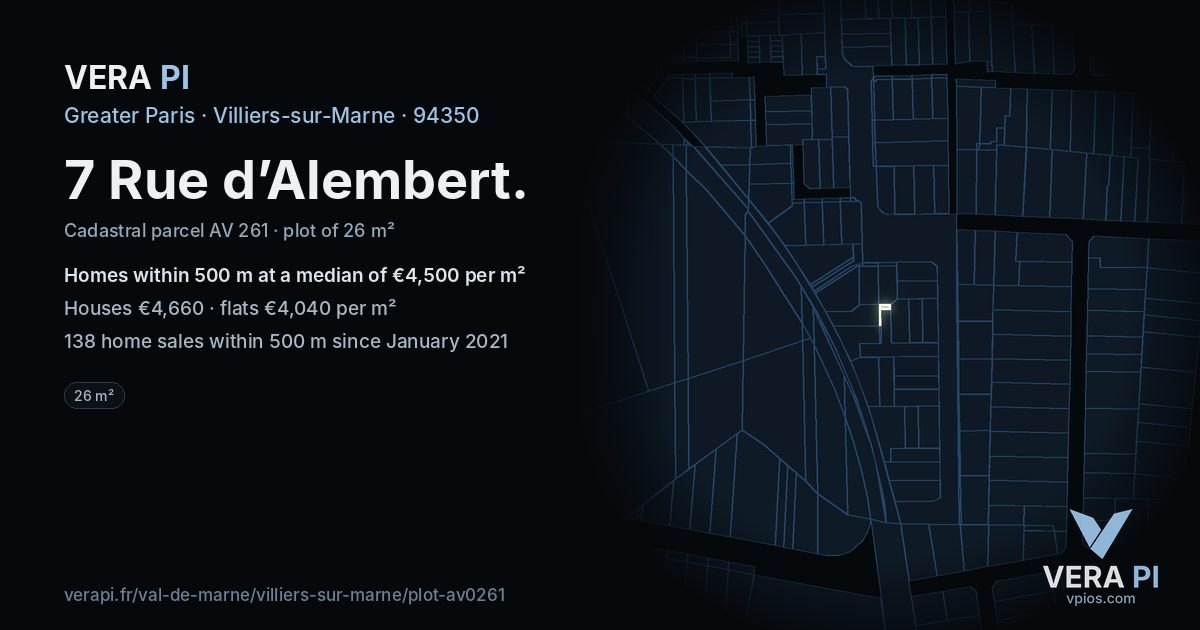 7 Rue d’Alembert, Villiers-sur-Marne at night – the plot lit, the parcels around coloured by the prices near them