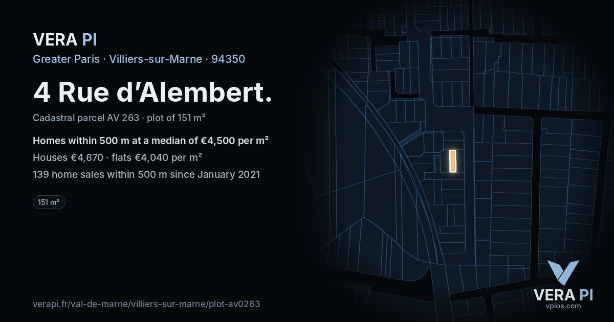 4 Rue d’Alembert, Villiers-sur-Marne at night – the plot lit, the parcels around coloured by the prices near them