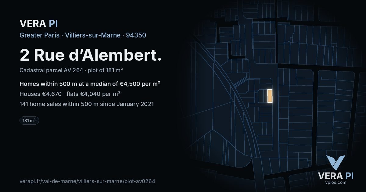 2 Rue d’Alembert, Villiers-sur-Marne at night – the plot lit, the parcels around coloured by the prices near them