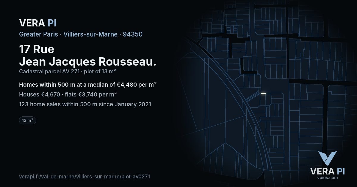 17 Rue Jean Jacques Rousseau, Villiers-sur-Marne at night – the plot lit, the parcels around coloured by the prices near them