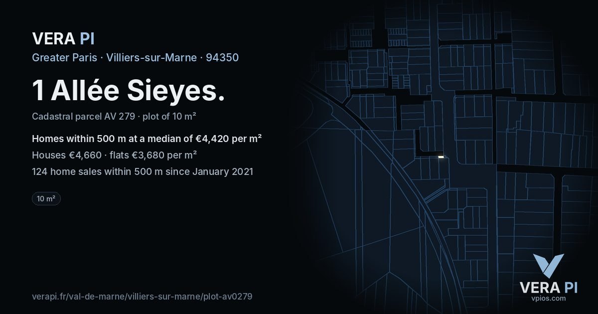 1 Allée Sieyes, Villiers-sur-Marne at night – the plot lit, the parcels around coloured by the prices near them