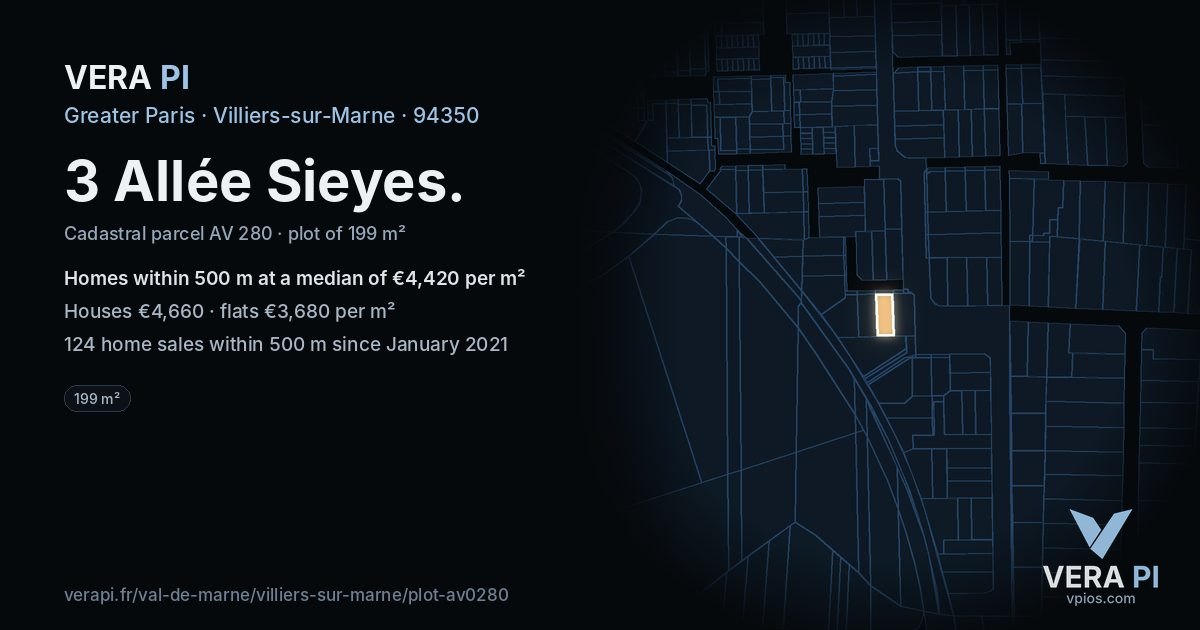 3 Allée Sieyes, Villiers-sur-Marne at night – the plot lit, the parcels around coloured by the prices near them