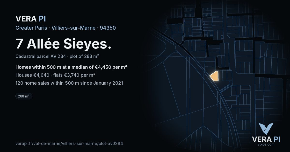7 Allée Sieyes, Villiers-sur-Marne at night – the plot lit, the parcels around coloured by the prices near them