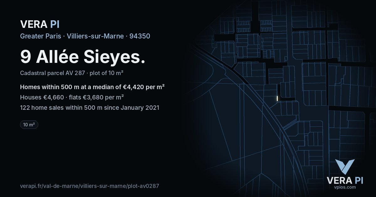 9 Allée Sieyes, Villiers-sur-Marne at night – the plot lit, the parcels around coloured by the prices near them