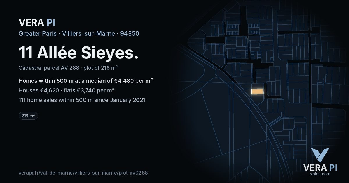 11 Allée Sieyes, Villiers-sur-Marne at night – the plot lit, the parcels around coloured by the prices near them