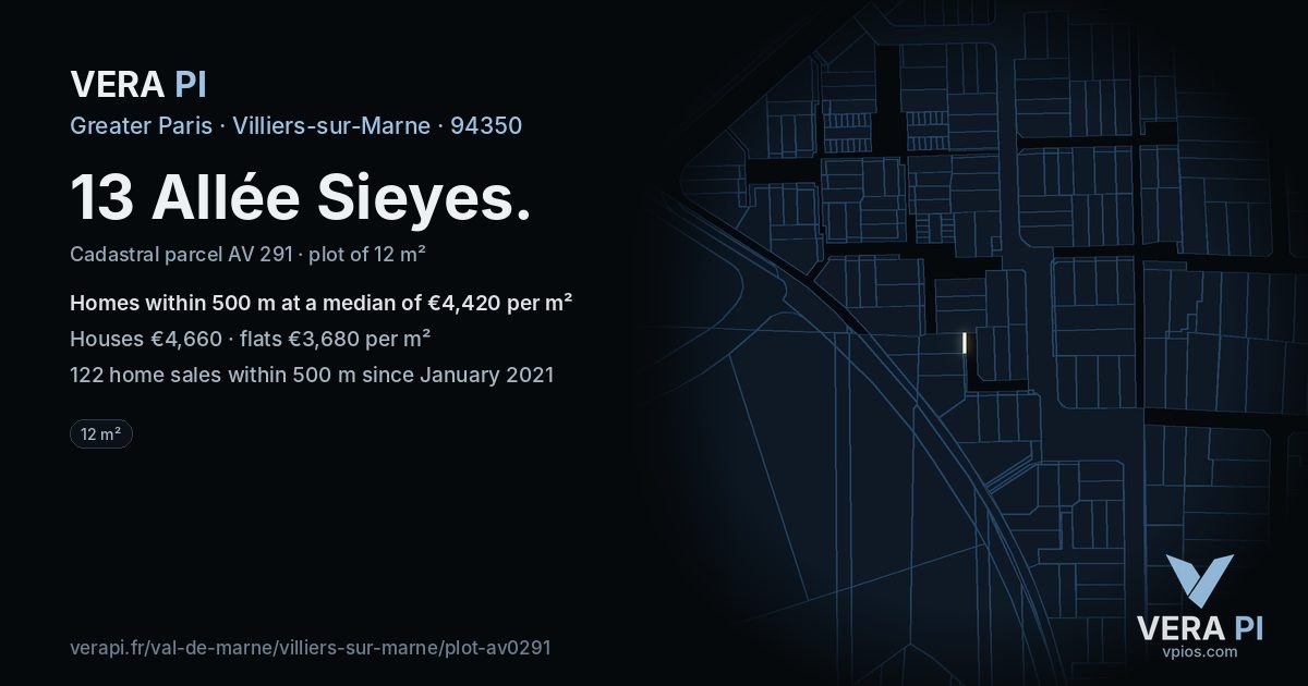13 Allée Sieyes, Villiers-sur-Marne at night – the plot lit, the parcels around coloured by the prices near them