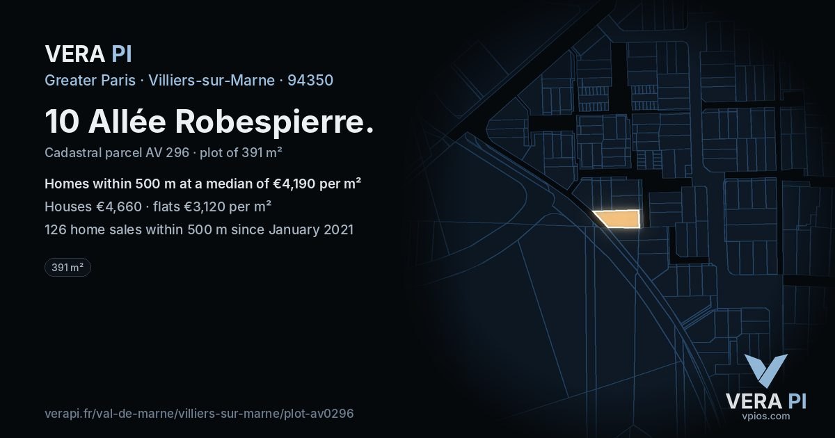 10 Allée Robespierre, Villiers-sur-Marne at night – the plot lit, the parcels around coloured by the prices near them