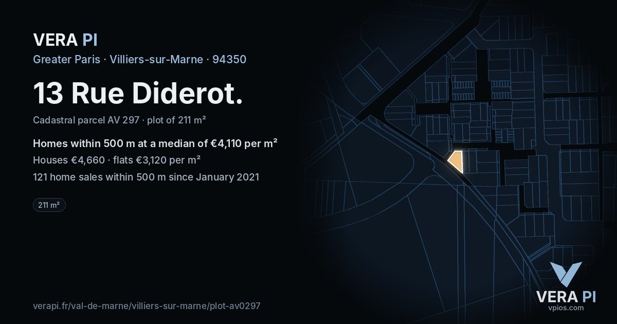 13 Rue Diderot, Villiers-sur-Marne at night – the plot lit, the parcels around coloured by the prices near them