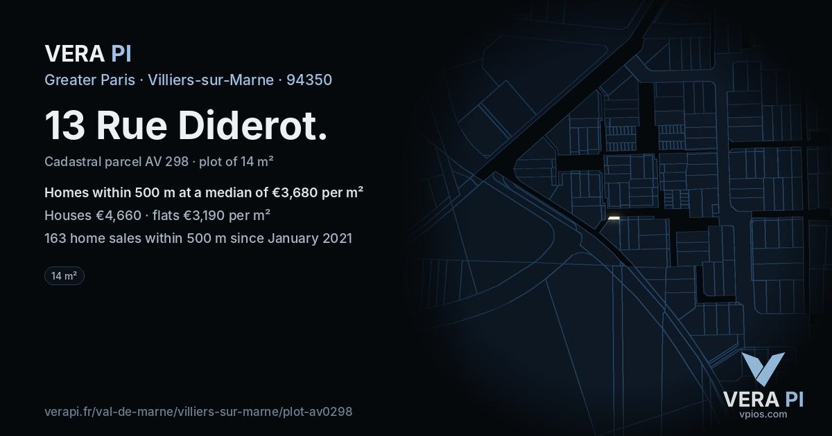 13 Rue Diderot, Villiers-sur-Marne at night – the plot lit, the parcels around coloured by the prices near them