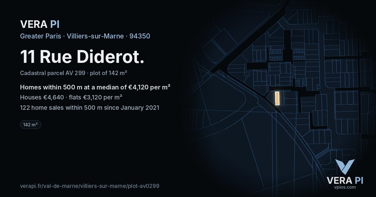 11 Rue Diderot, Villiers-sur-Marne at night – the plot lit, the parcels around coloured by the prices near them
