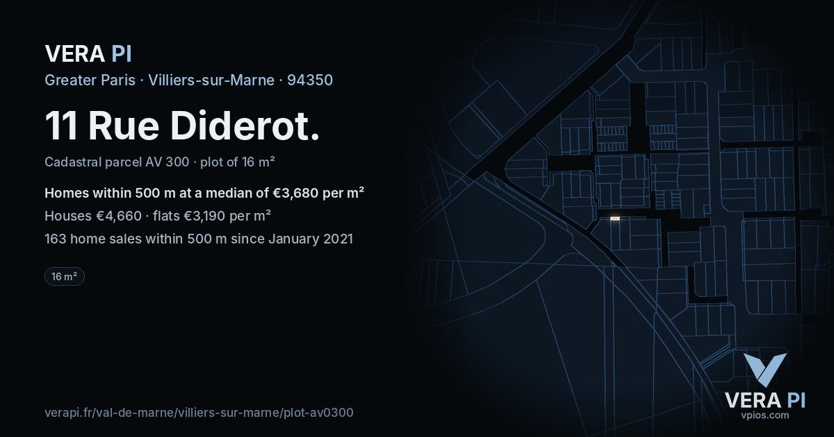 11 Rue Diderot, Villiers-sur-Marne at night – the plot lit, the parcels around coloured by the prices near them