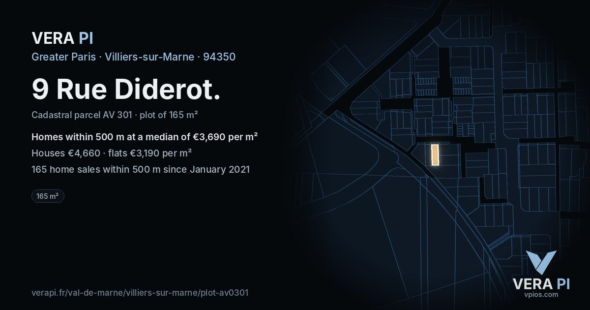 9 Rue Diderot, Villiers-sur-Marne at night – the plot lit, the parcels around coloured by the prices near them