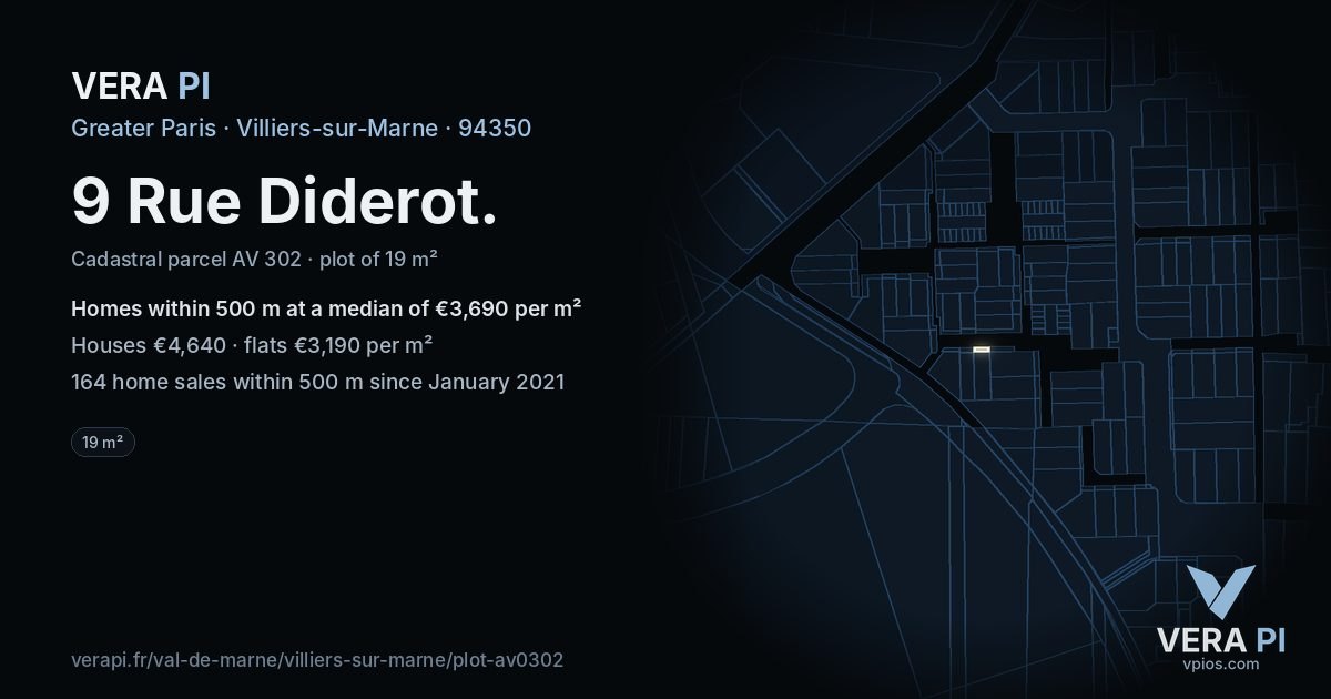 9 Rue Diderot, Villiers-sur-Marne at night – the plot lit, the parcels around coloured by the prices near them