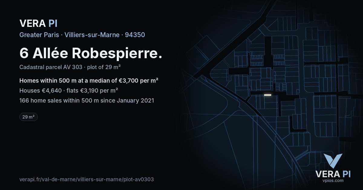 6 Allée Robespierre, Villiers-sur-Marne at night – the plot lit, the parcels around coloured by the prices near them