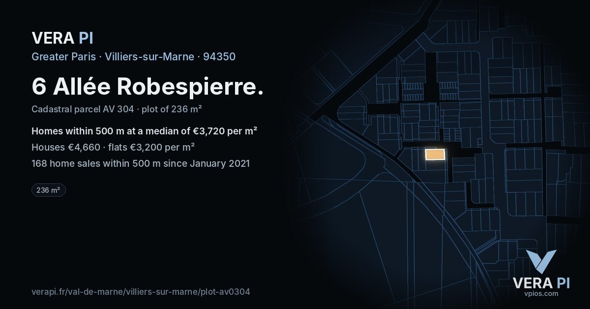 6 Allée Robespierre, Villiers-sur-Marne at night – the plot lit, the parcels around coloured by the prices near them